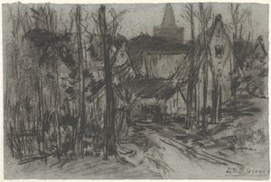 Gezicht op een dorp door de bomen door Egbert Rubertus Derk Schaap