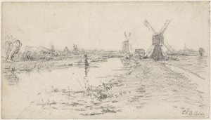 Landschap met rivier en twee molens door Egbert Rubertus Derk Schaap