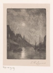 Riviergezicht in een stad bij nacht door Egide François Leemans (signed by artist)