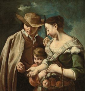 Een fruitverkoper en een jonge jongen, met een mand perziken, peren en druiven, in een landschap, met een man die een geweer en een munt vasthoudt, ca. 1705-84