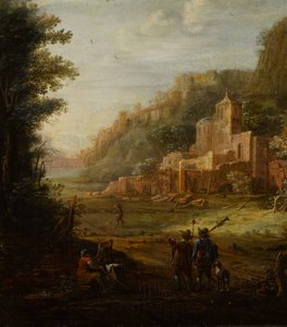 Boslandschap met twee jagers bij de ingang van een vallei