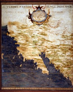 Grens van de West-Indië en Onbekende Landen Kaart gemaakt door Egnazio Danti (1536-1586) wiskundige, kosmograaf en Italiaanse architect. Rond 1567. Florence, Palazzo Vecchio, Sala del Mappamondo door Egnazio Danti