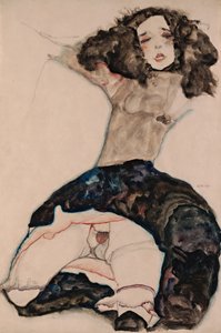Zwart-Harig Meisje met Opgetrokken Rok door Egon Schiele