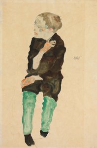 Jongen met groene kousen; Bub mit grunen Strumpfen, 1911 door Egon Schiele