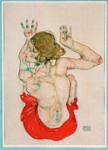 Vrouwelijk naakt zittend op rood gordijn, achteraanzicht (gouache, aquarel en potlood)