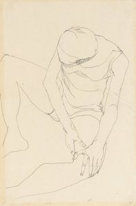 Vrouwelijk Naakt Voorovergebogen, Beide Handen op Linker Dij, 1913 door Egon Schiele
