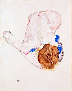 Naakte vrouw met blauwe kousen, voorovergebogen - Gouache op papier van Egon Schiele (1890-1918)