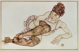 Vrouw met bruine kousen - Vrouw ... (gouache en zwart krijt) door Egon Schiele