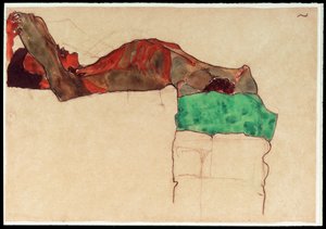 Liggend mannelijk naakt met groen doek [Reclining Male Nude with Green Cloth] (aquarel en houtskool)