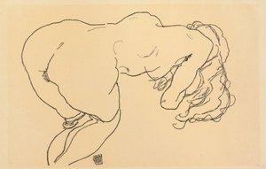 Langharig naakt, voorovergebogen, rugaanzicht; Langhaariger Akt, vornubergebeugt, Ruckenansicht, 1918