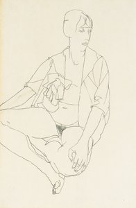 Zittende vrouwelijke naakt met open blouse, 1913