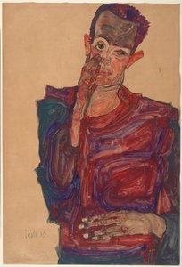 Zelfportret met naar beneden getrokken ooglid door Egon Schiele