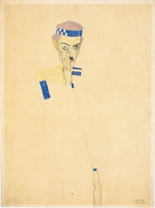 Zelfportret met blauw geruite hoofdband, 1909 door Egon Schiele