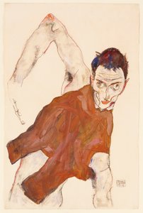 Zelfportret in een wambuis met rechter elleboog omhoog, 1914 door Egon Schiele