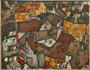 Kleine stad - Krumau in Tsjecho-Slowakije (olieverf op doek) door Egon Schiele