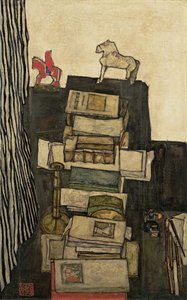 Stilleven met boeken Schieles bureau, 1914