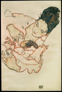 Stillende Mutter - Verzorgende moeder ... (aquarel en zwart krijt) door Egon Schiele