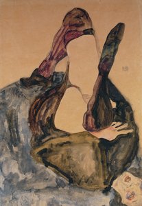 Vrouw met opgetrokken been en paarse kousen, 1911