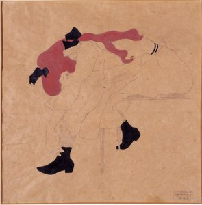 Jong meisje met zwarte lint in rood haar, haar schoenen aantrekkend, 1909 door Egon Schiele