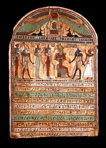 Egyptische oudheid: grafstèle van een hogepriester: Osiris verwelkomt de overledene aanwezig in Anubis, achter hem de goden Isis, Nephtis (Nephtys of Neftis), Horus, Hathor. 3e-2e eeuw v.Chr. Turijn, Egyptisch museum - Egyptische oudheden: grafstèle door Egyptian