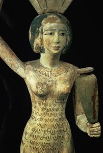 Vrouwelijke drager van offers met een waterkruik in haar hand en een vat op haar hoofd, Egyptisch, Middenrijk, ca. 1950 v.Chr. (detail)