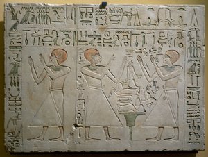 Mery, Hetepuy en Khety, gezamenlijke kanseliers tijdens het bewind van Senwosret (Sesostris) I, geschilderde kalkstenen stèle, Egyptische beschaving, Middenrijk, Dynastie XII
