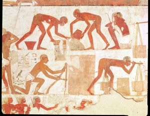 Bouw van een muur, uit het graf van Rekhmire, vizier van Thoetmosis III en Amenhotep II, Nieuwe Koninkrijk