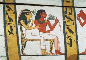 Detail van de decoratie van een sarcofaag van De Dame van Madja, Nieuwe Koninkrijk, ca. 1450 v.Chr. door Egyptian 18th Dynasty