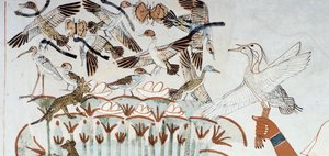 Eenden, nesten, vlinders, katten en knaagdieren, detail van de jacht- en visscène in de moerassen, fresco, noordmuur, langwerpige kamer, Thebaanse graf TT69, Sheikh Abd el-Qurna, Thebe. Egyptische beschaving, Nieuwe Rijk, Dynastie XVIII.