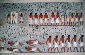 Egypte, Luxor, Vallei der Koningen, Graf van Horemheb, muurschildering door Egyptian 18th Dynasty
