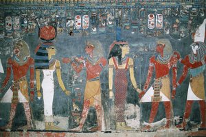 Egypte, Luxor, Vallei der Koningen, graf van Horemheb, muurschildering door Egyptian 18th Dynasty