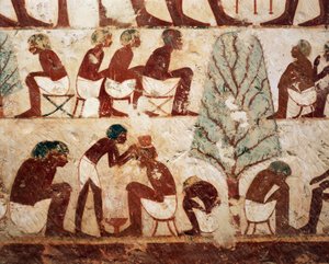Egypte, Luxor, West-Thebe, Sheik el Gurnak. Graf van Usirhat, kapper, details van fresco door Egyptian 18th Dynasty