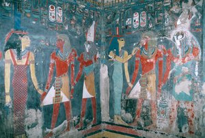 Egypte, Thebe, Luxor, Vallei der Koningen, Graf van Horemheb, Muurschildering die Horemheb tussen godin Isis en god Horus afbeeldt, Nieuwe Koninkrijk, Dynastie XVIII