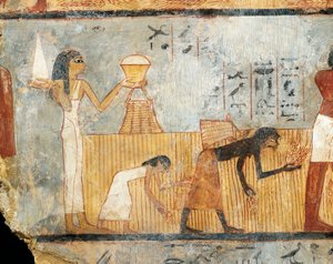 Egypte, Thebe, graf van Unsu, vrouw brengt voedsel naar arbeiders in velden, muurschildering