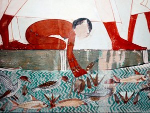 Egyptische kunst: Graf van Menna. Visscène, detail. Een naakte dienstmeid plukt een lotus bloem (18e dynastie) Fresco van Luxor (Site van Thebe, Sheikh Abd al-Gournah, linkeroever van de Nijl, Egypte.