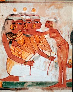 Egyptische kunst: Graf van Nakht. Toilet: dienstmeid helpt drie vrouwen met het dragen van sieraden voor het begrafenisbanket