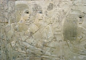 Egyptische antiquiteit: bas-reliëf dat de gasten van een begrafenisbanket voorstelt - Graf van de vizier Ramose (18e dynastie) - Luxor, Thebe, Graf van de Edelen Egypte - Egyptische beschaving: Bas-reliëf dat de gasten van een begrafenisbanket voorstelt, u door Egyptian 18th Dynasty