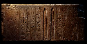 Egyptische oudheid: detail van een gegraveerd fresco met koningin Hatsjepsoet (links) en twee obelisken bij de tempel van Amon - Jaar 15 van haar regering (1475-1468 v.Chr.) 18e dynastie - Luxor, Egyptisch Kunstmuseum door Egyptian 18th Dynasty