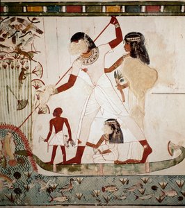 Egyptische oudheid: visscène De edelman Menna afgebeeld op een boot met zijn vrouw die een vis harpoeneert door Egyptian 18th Dynasty