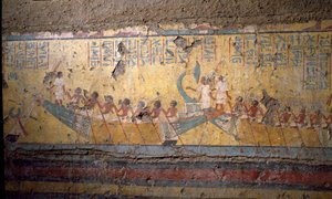 Egyptische oudheid: fresco van het graf van de schilder Maia, pelgrimstocht per boot in Abydos, citaat van Osiris. 18e dynastie. Uit de kapel van Maia, Deir el-Medineh, Nieuwe Rijk