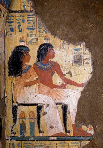 Egyptische oudheid: fresco van het graf van de schilder Maia, de overledene en zijn vrouw zittend aan een banket. 18e dynastie. Uit de kapel van Maia, Deir el-Medineh (el Medineh), Nieuwe Rijk Dim. 67 cm Turijn, Egyptisch Museum