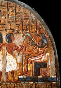 Egyptische oudheid: grafstèle van Minhotep: detail van een bloemenoffer aan de godin Hathor die de sleutel van het leven vasthoudt in de vorm van een Ankh. 18e dynastie. 14e eeuw v.Chr. Turijn, Egyptisch museum door Egyptian 18th Dynasty