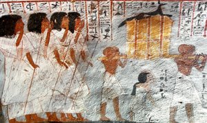 Egyptische oudheid: processie met dragers van baldakijnvaten gebruikt om de ingewanden van de overledene te verzamelen door Egyptian 18th Dynasty