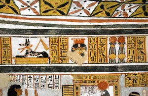 Egyptische oudheid: voorstelling van Anubis, Hathor en hiërogliefen