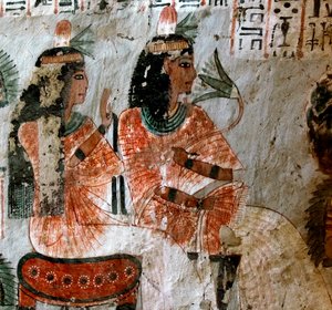 Egyptische oudheid: voorstelling van Nebtawy (Nebtaoui), vrouw van de schrijver Roy en zijn zus. Schildering van het graf van Roy (TT255). 18e dynastie. Van de westelijke oever van Luxor, Egypte