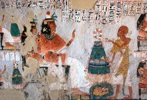 Egyptische oudheid: voorstelling van Roy en zijn vrouw Nebtawy tegenover een hogepriester. Schilderij van het graf van Roy (TT255). 18e dynastie. Van de Westelijke Jordaanoever van Luxor, Egypte door Egyptian 18th Dynasty
