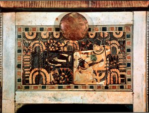 Egyptische antiquiteit: kleine houten doos met ivoren inlegwerk die de jachtpartijen van farao Toetanchamon voorstelt. 18e dynastie. Uit het graf van Toetanchamon (All-Ankh-amun of Toetanchamon) (1345-1327 v.Chr.) Vallei der Koningen. Thebe Caïro, Egyptisc