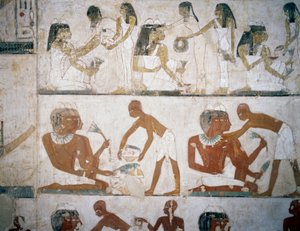 Begrafenisfeest met vrouwelijke muzikanten, vrouwen die sieraden aandoen, mannen en muzikanten, fresco