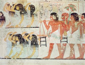 Groep rouwenden in de begrafenisstoet van Ramose, uit de grafkapel van Ramose, Nieuwe Rijk, c.1360 v.Chr. (muurschildering) door Egyptian 18th Dynasty