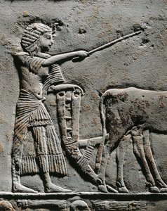 Horemheb ploegt land in de Velden van Iaru, reliëf uit het graf van Horemheb in Saqqara (detail)